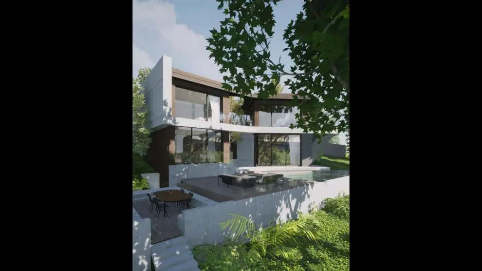 Villa béton et bois à Saint-Cyr-au-Mont-d'Or, étage en bardage bois porté par un voile béton banché en porte-à-faux dans un site arboré