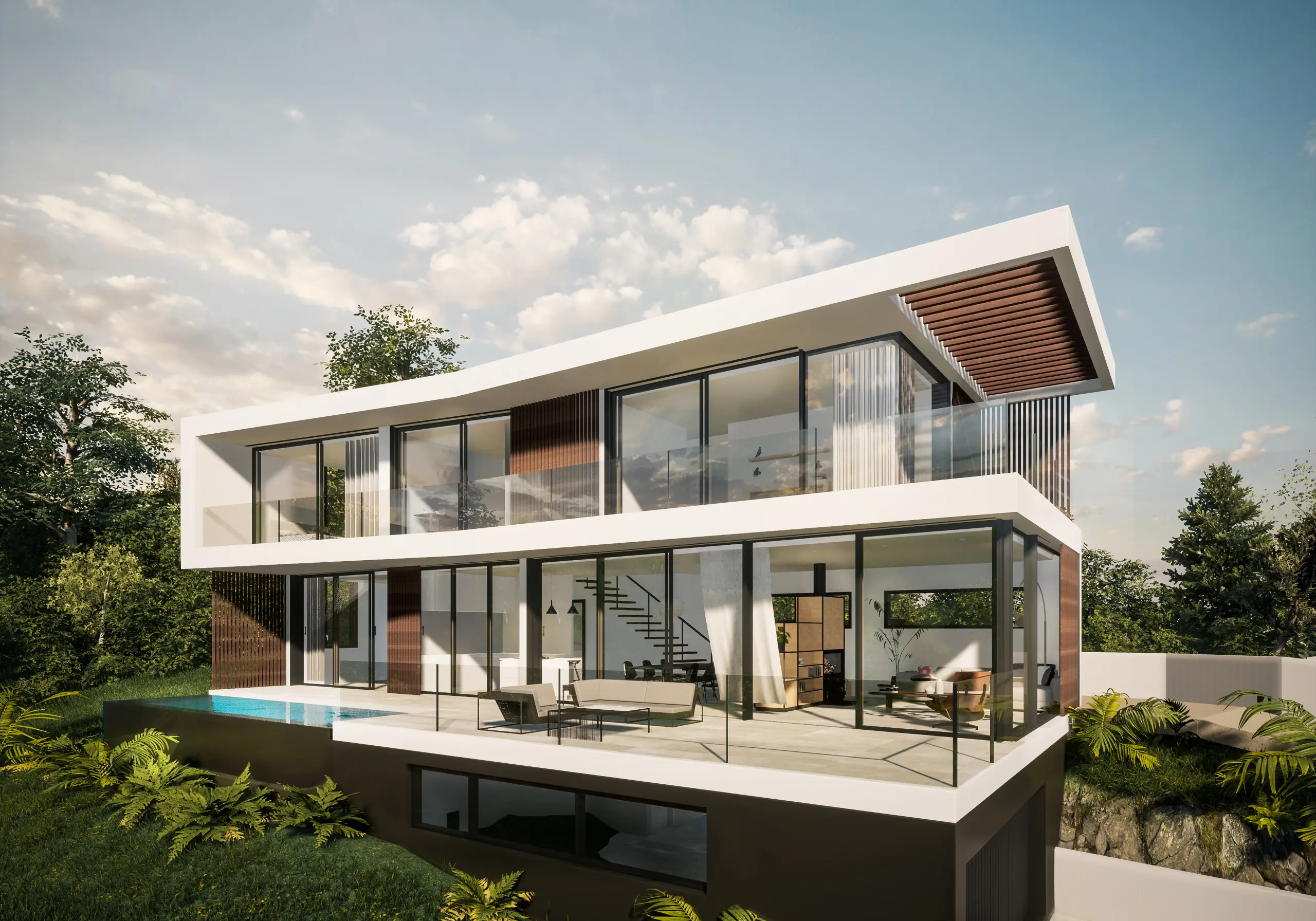 Étude de maison béton dans la pente à Limonest, volumes contemporains en promontoire avec piscine à débordement