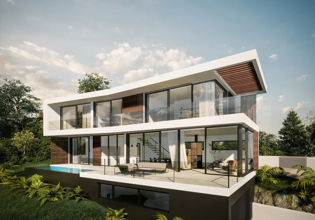 Étude de maison béton dans la pente à Limonest, volumes contemporains en promontoire avec piscine à débordement