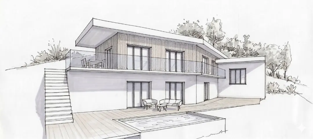 Croquis d'esquisse de la maison de l'Ouest lyonnais : bardage bois sur socle béton dans la pente, terrasse bois et bassin, escalier extérieur