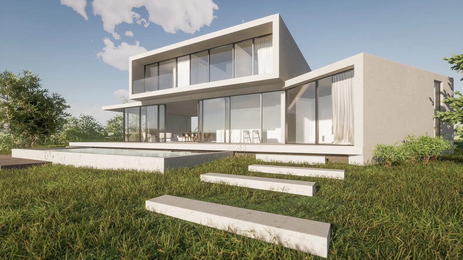 Maison minimaliste de Divonne, rez-de-chaussée en L ouvert au sud