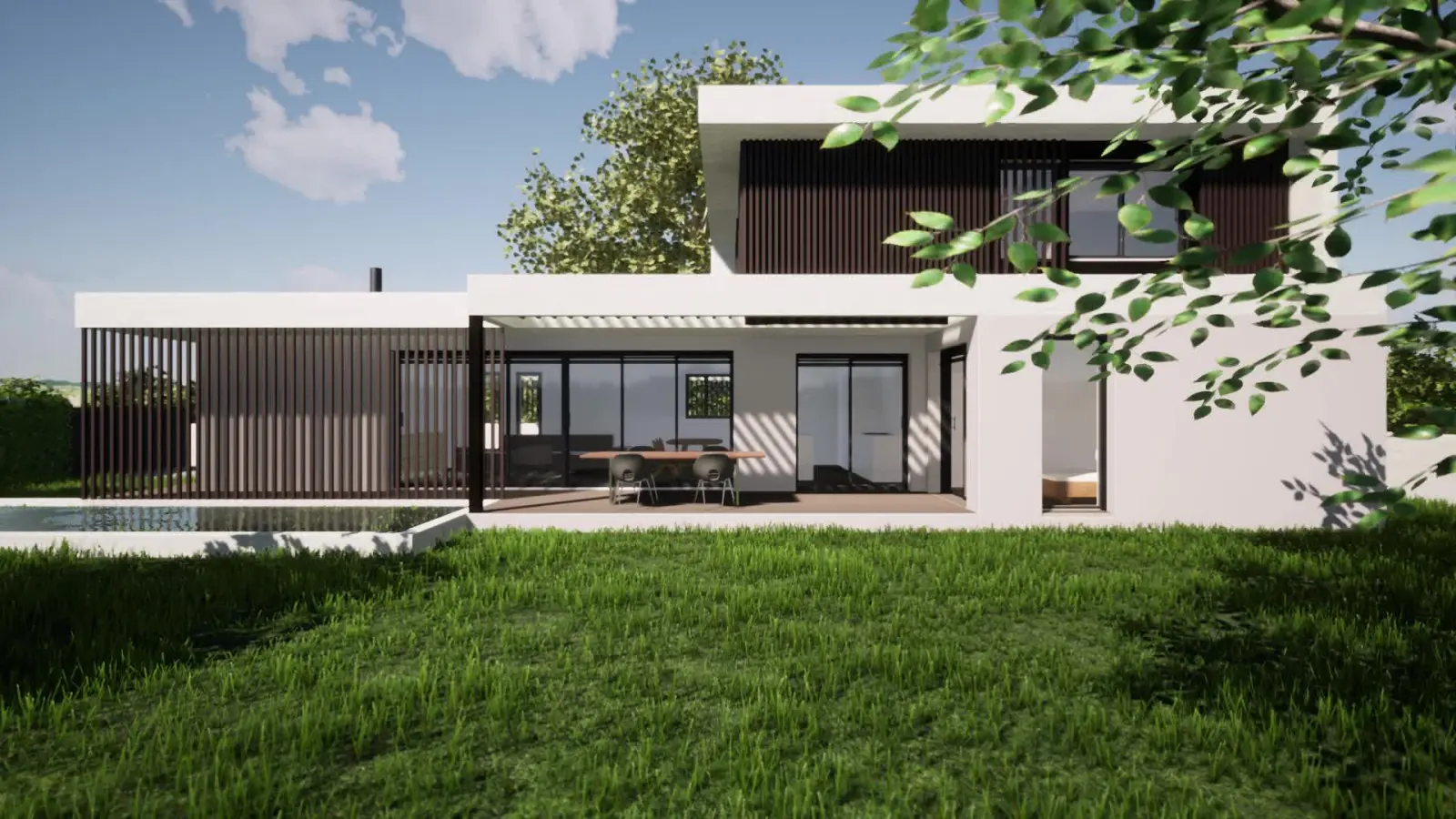 Maison de Divonne, bardage bois plein à l'étage et claustra le long de la piscine