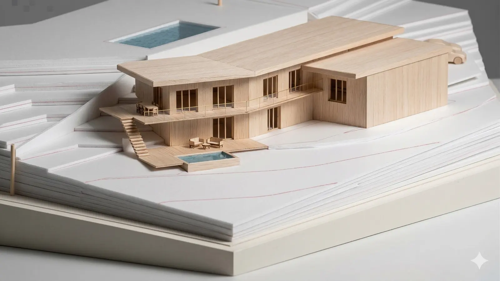 Étude de volumétrie de la maison de l'Ouest lyonnais façon maquette bois, terrasses en gradins et piscine sur le haut du terrain