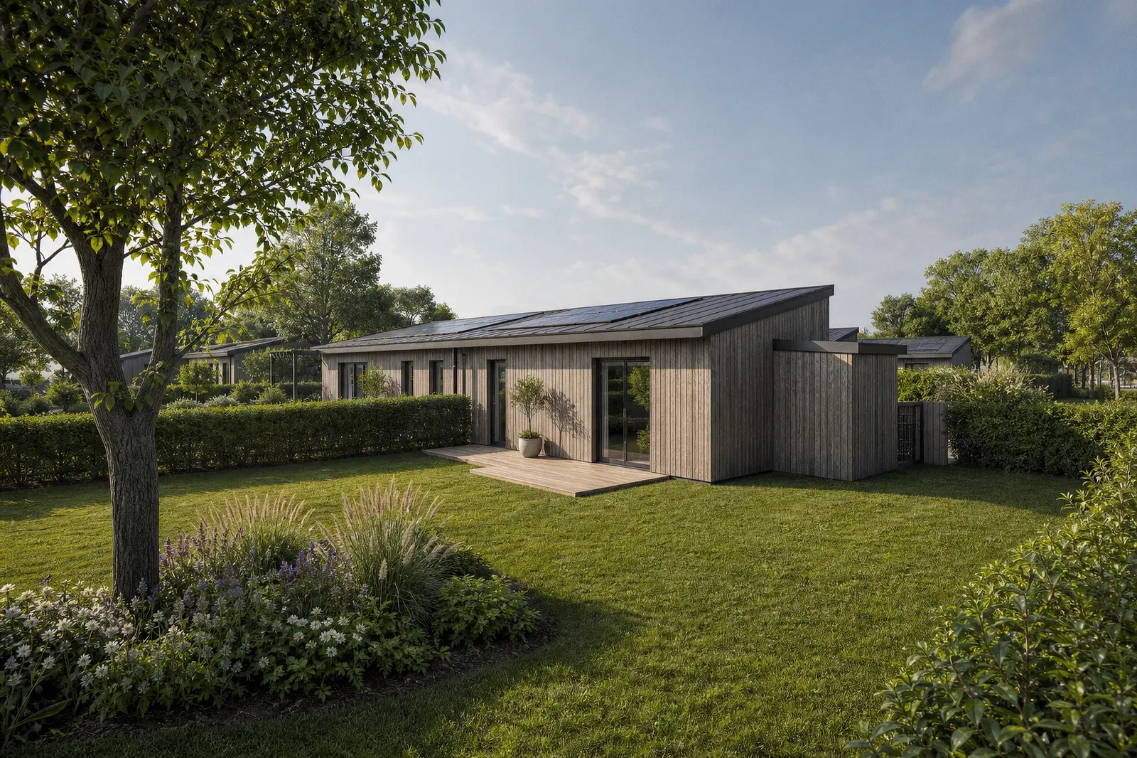 Maison passive de plain-pied en bardage bois, terrasse ouverte sur le jardin privatif de l'éco-quartier