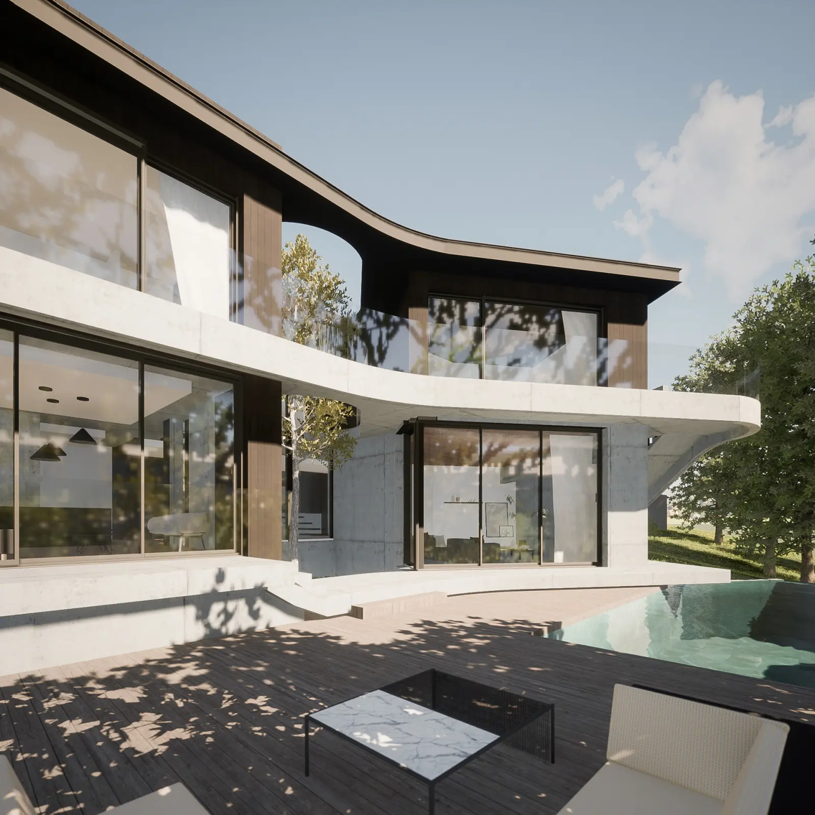 Perspective de la villa béton et bois de Saint-Cyr-au-Mont-d'Or depuis le jardin en contrebas