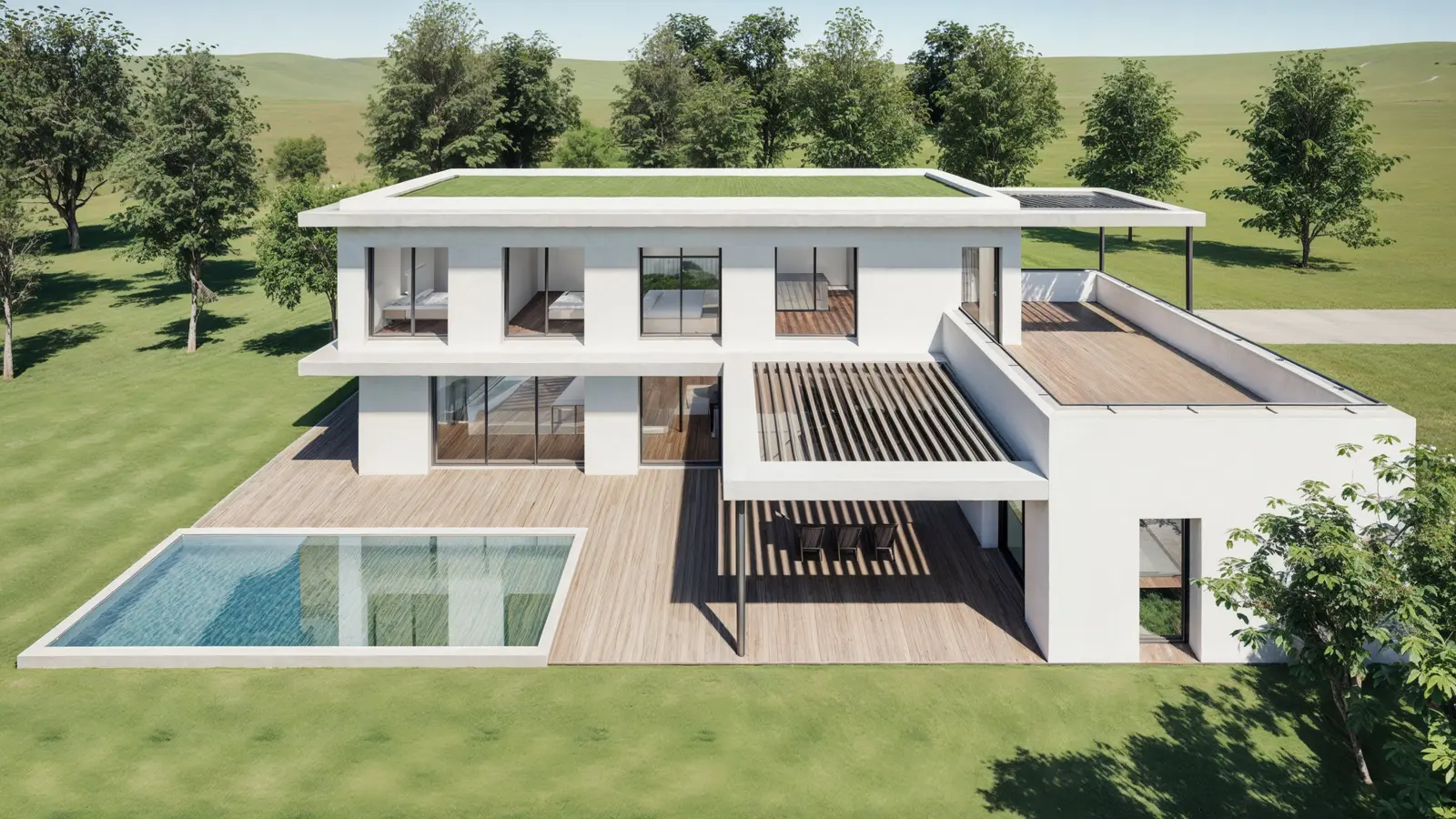 Maison de Charbonnières, terrasse prolongée par la piscine au niveau de la pièce de vie