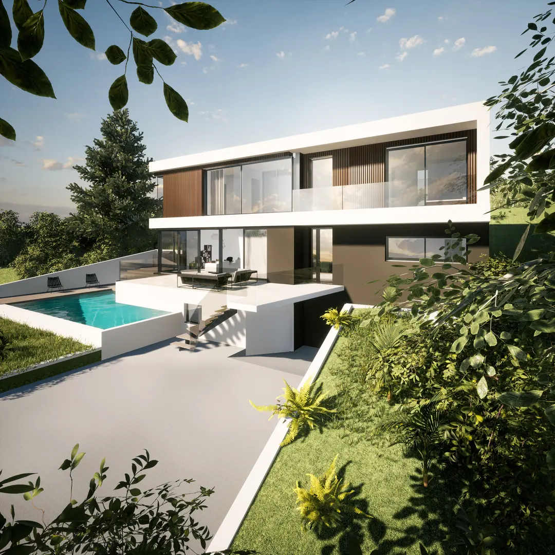 Maison béton et bardage bois dans la pente de l'ouest lyonnais, étage en bardage bois flottant, terrasse et piscine en contrebas
