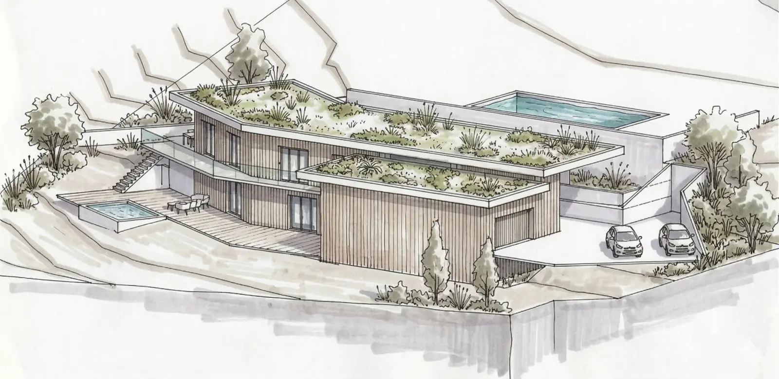Axonométrie de l'esquisse côté accès : garage en bardage bois, jacuzzi près de la terrasse basse et piscine à débordement en surplomb