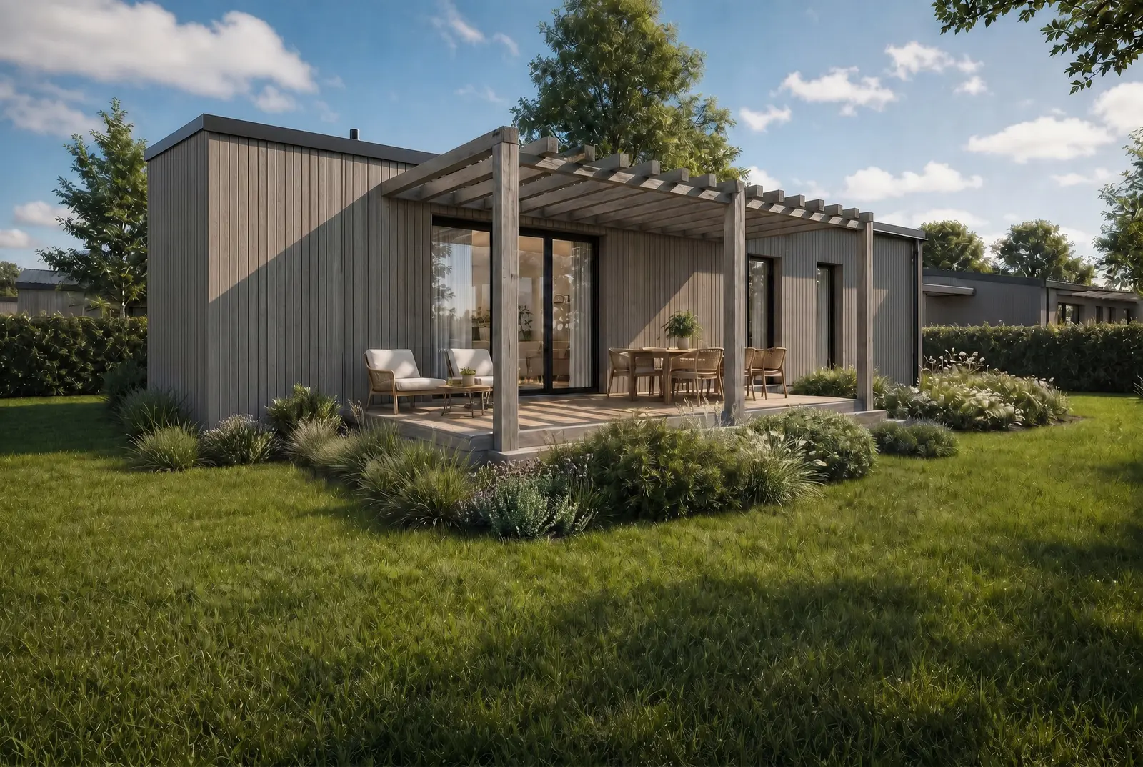 Terrasse sous pergola d'une maison de l'éco-quartier, salon d'été et baies ouvertes sur le séjour