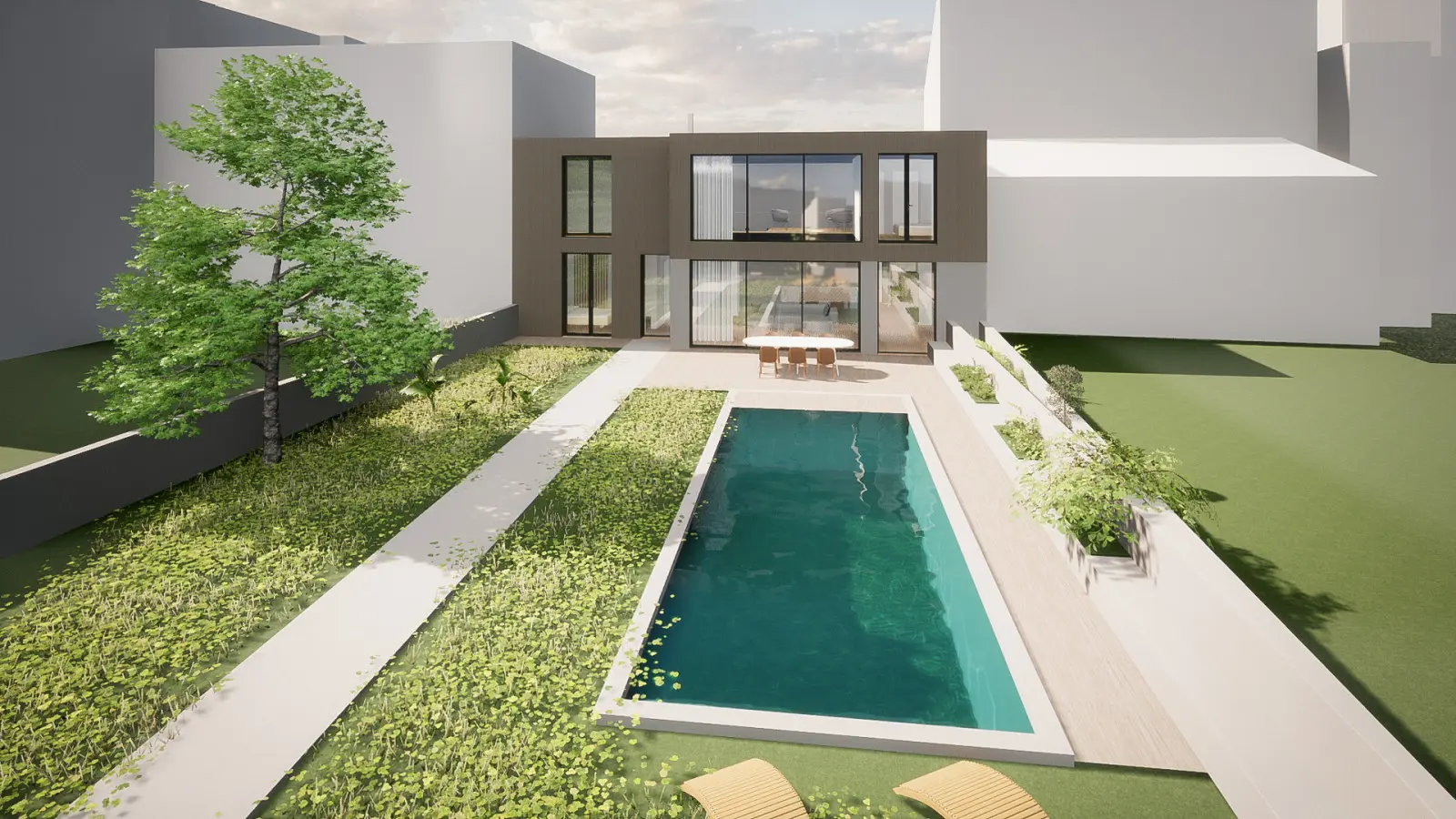Perspective de conception du jardin de la maison de Fourvière, piscine et terrasse vus du ciel
