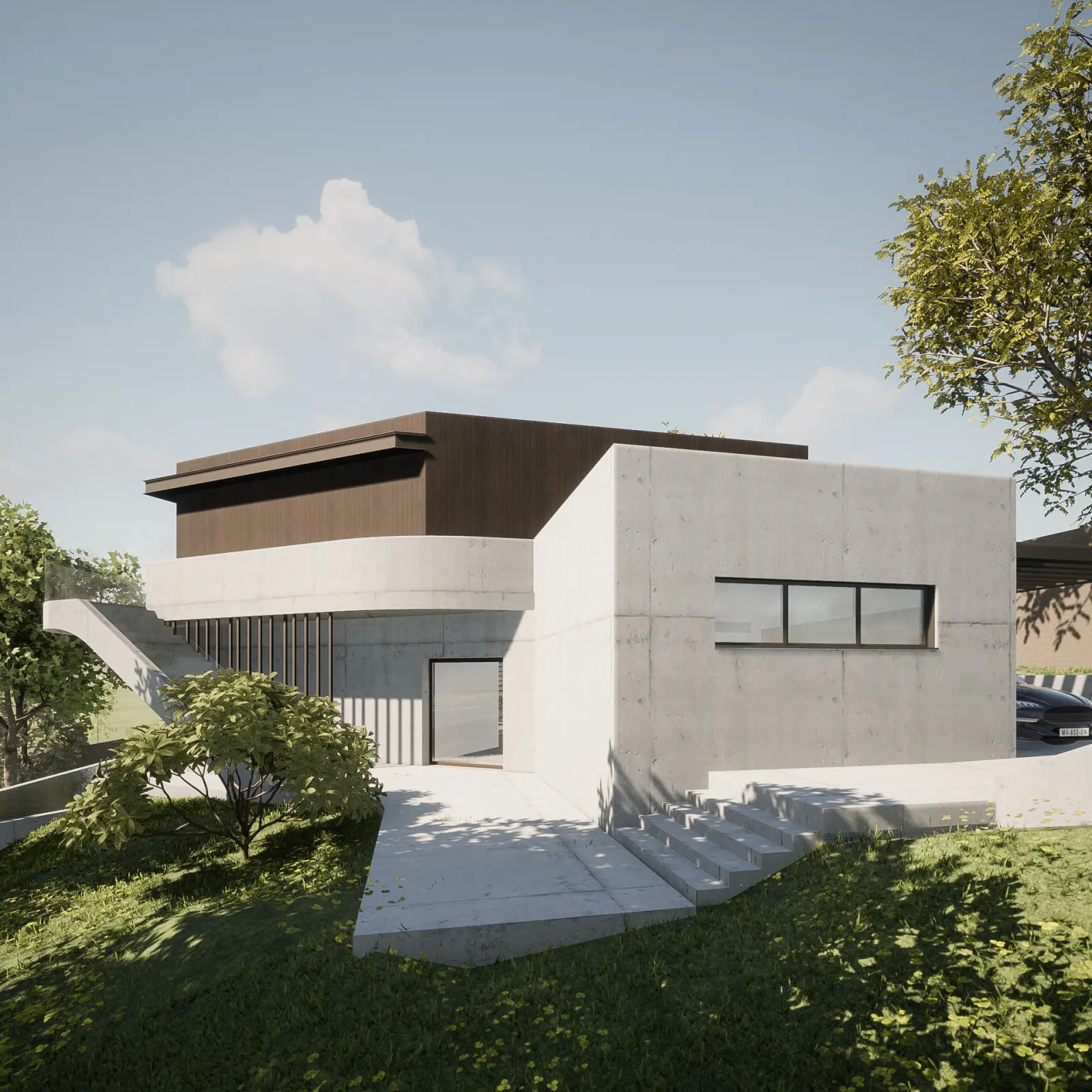 Villa de Saint-Cyr, voile béton se retournant à la verticale en façade ouest