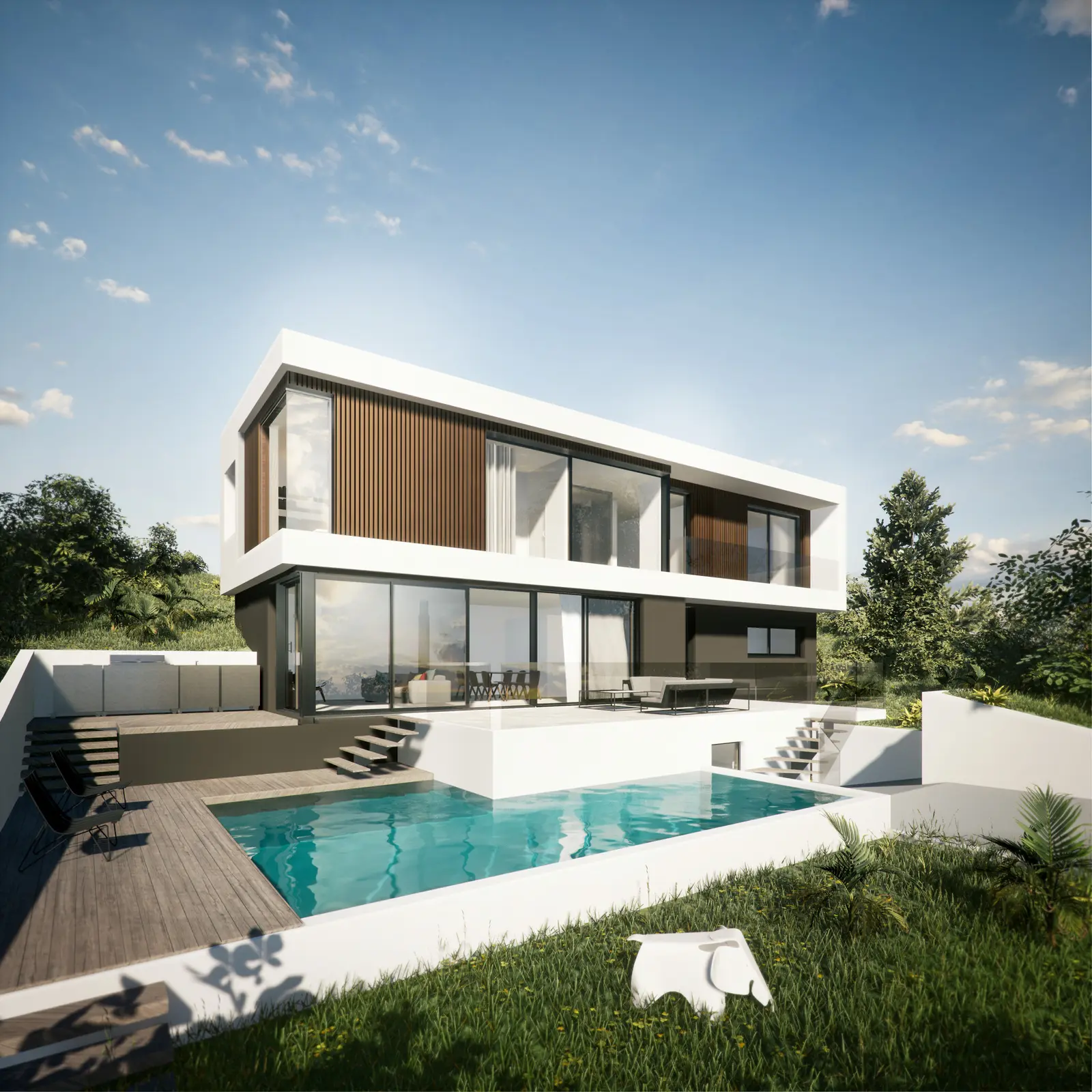 Vue de la maison dans la pente, niveau enterré abritant le garage