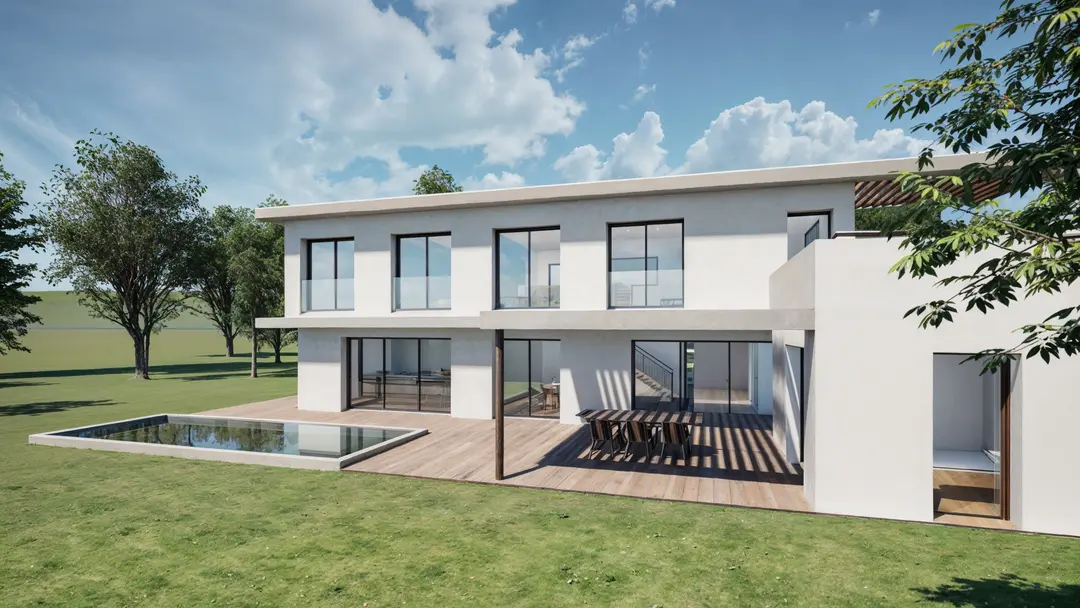 Villa contemporaine à Charbonnières-les-Bains, terrasse bois et piscine au niveau de la pièce de vie, perspective du projet