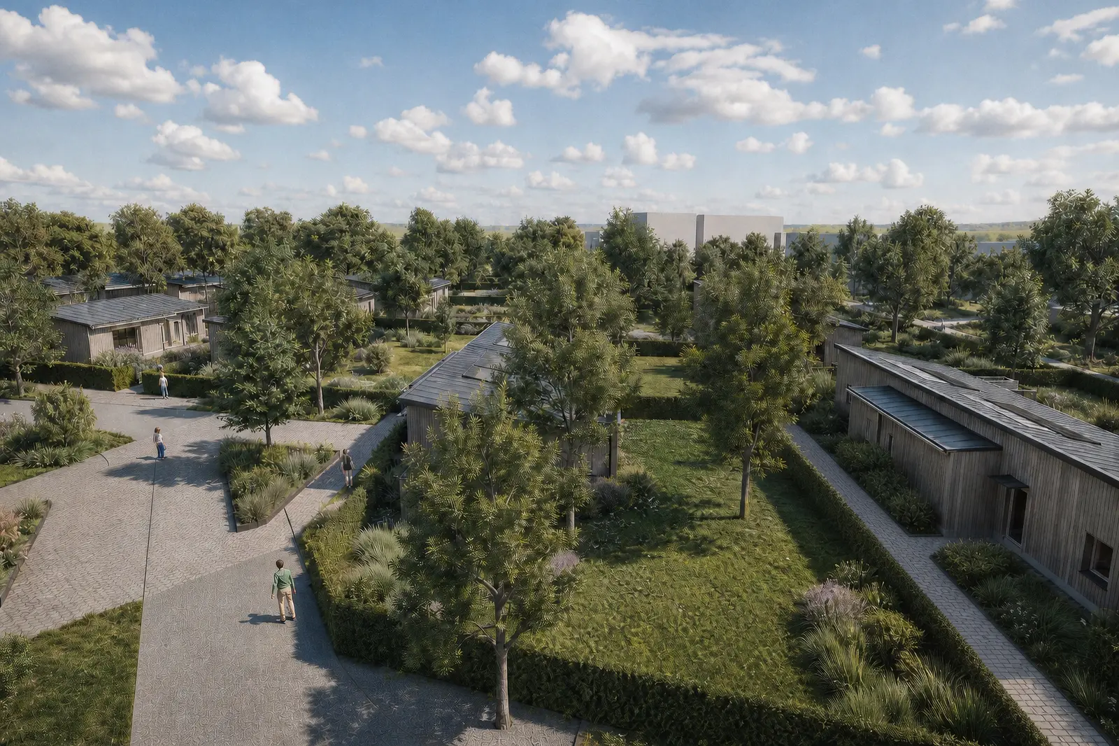 Vue aérienne ouest de l'éco-quartier de Bletterans, venelles piétonnes et jardins entre les maisons