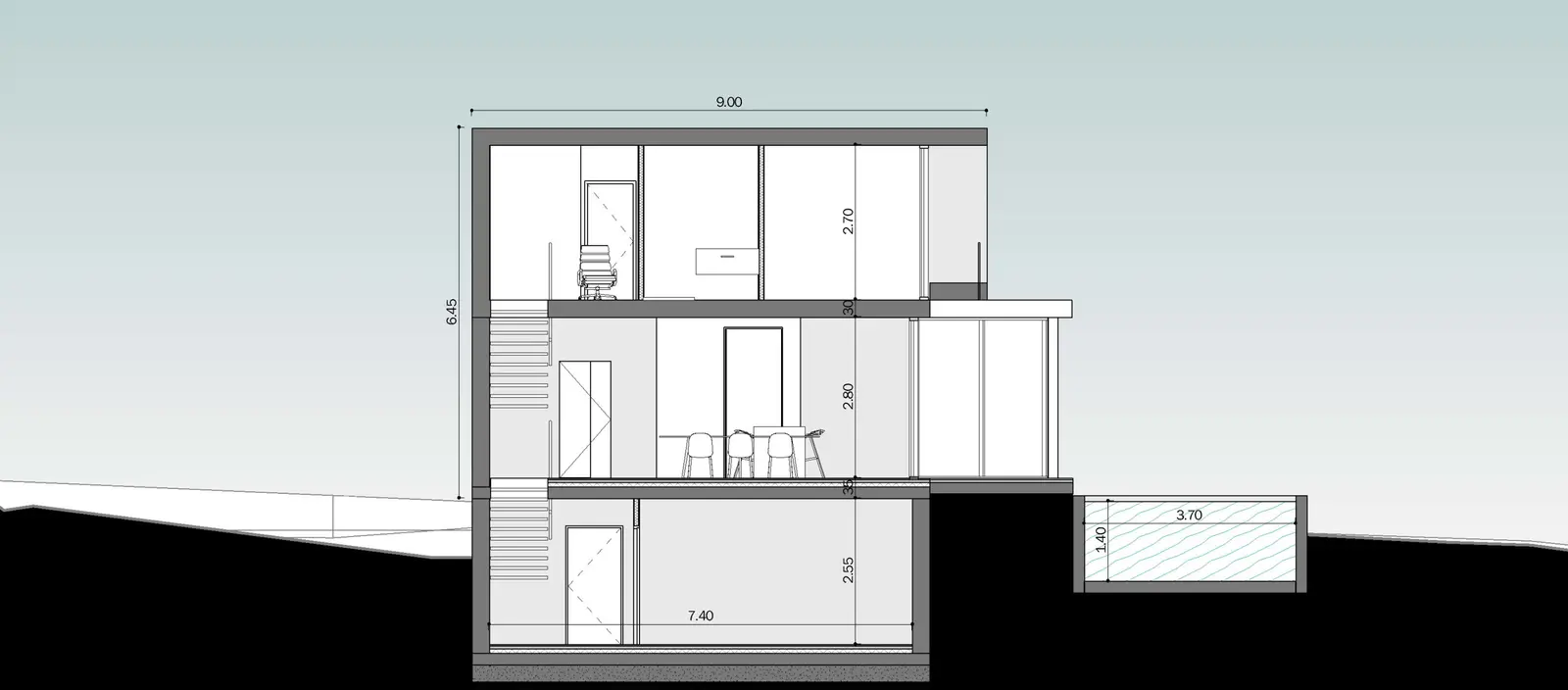 Maison minimaliste de Divonne, relation entre les deux niveaux
