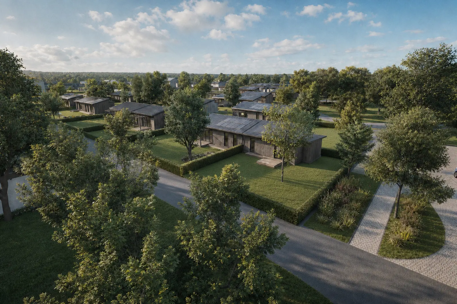 Vue aérienne sud de l'éco-quartier, vingt maisons passives dans la trame verte de Bletterans