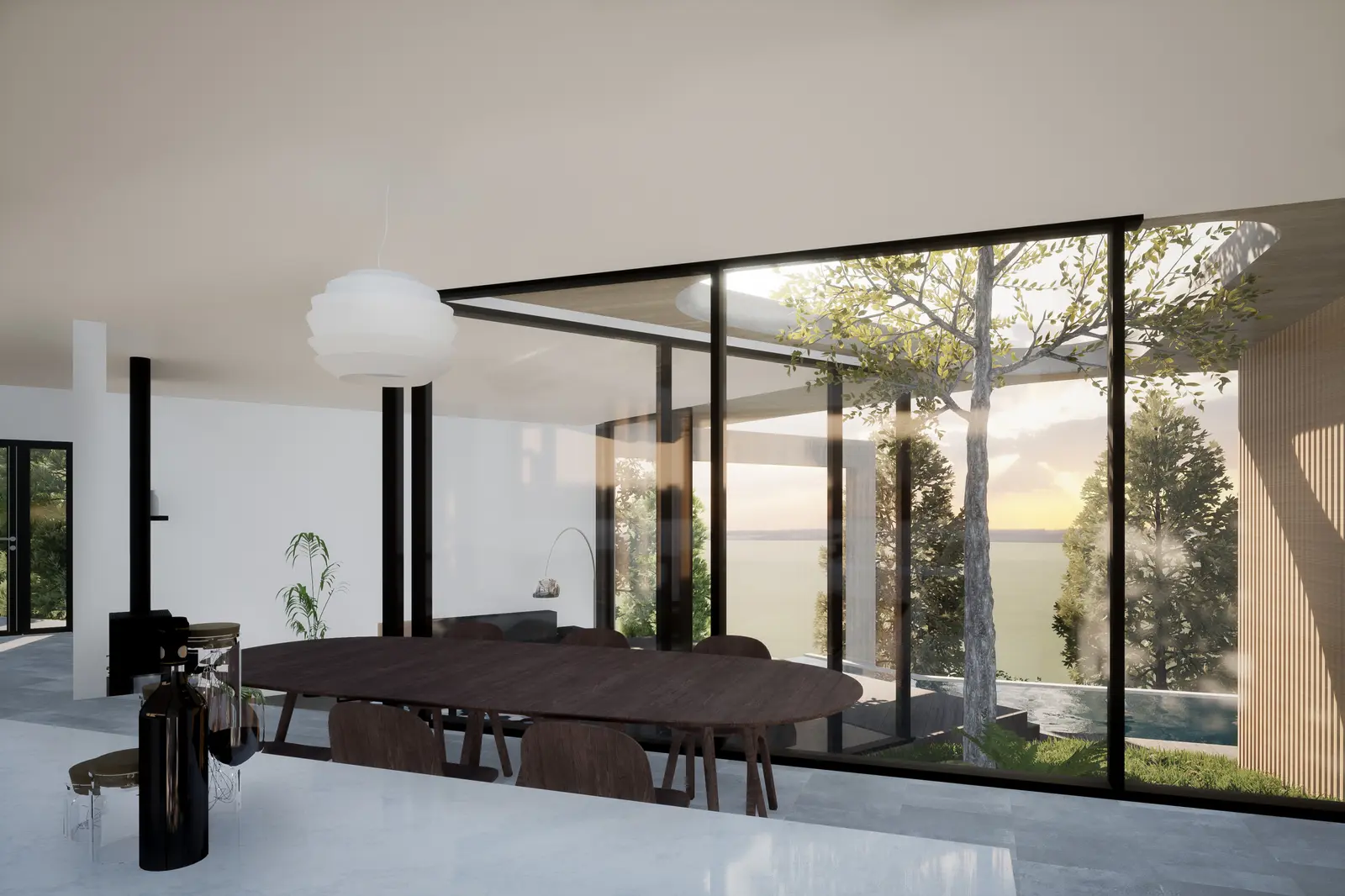 Villa de Saint-Cyr, articulation des volumes béton et bois dans la pente sud